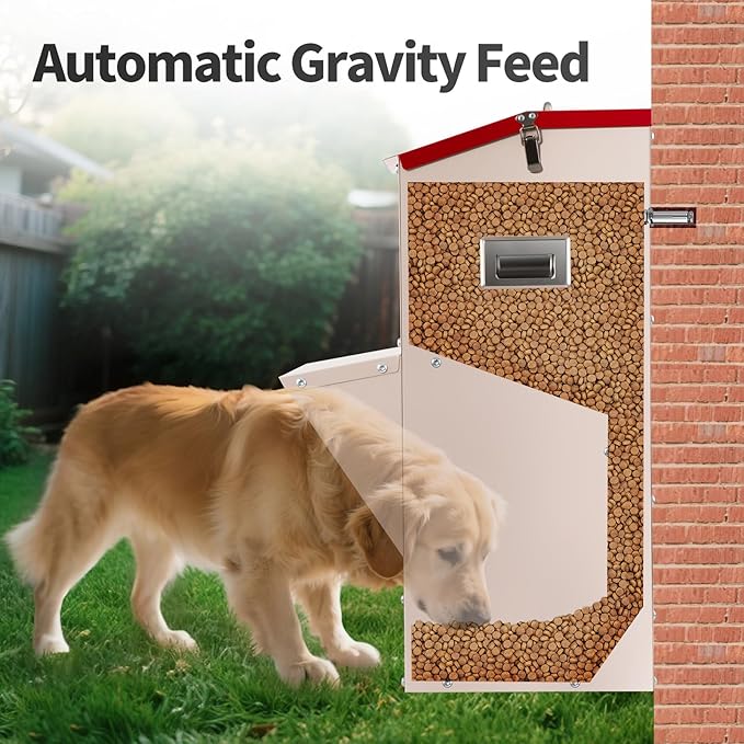 Automatic Dog Feeder Large Breed, 50 LB Capacity Outdoor Pet Food Dispenser, Powder-Coated Steel Gravity Dog Food Feeder with Clear Door, Wall Mountable, Weatherproof Self Feeders-PawvioPets