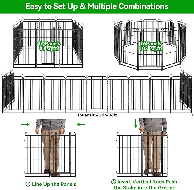 Dog Playpen Outdoor 16 Panels Heavy Duty Dog Fence 32" Height with Thick Pipe Anti-Rust with Doors Portable for RV Camping Yard, Total 36FT, 103 Sq.ft, Snowy Black-PawvioPets