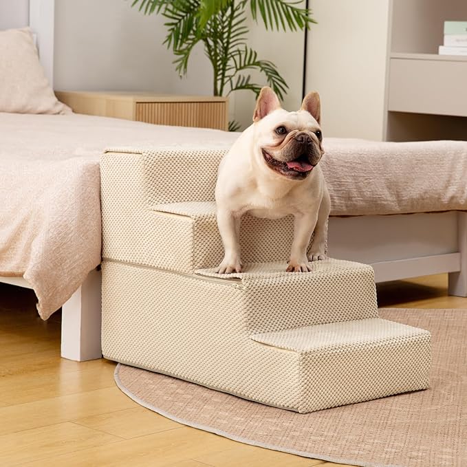 Dog Stairs for Bed 18.5" H, 4-Step Dog Steps for Small Dogs and Cats, Indoor Non-Slip Balanced Pet Stairs are Suitable for Puppy, Older Cat,Beige-PawvioPets