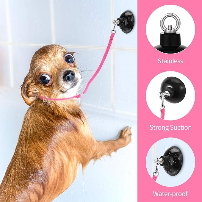 Frienda 4 Pieces Dog Bathing Tether with Suction Cup Pet Dog Grooming Tub Restraint Loops and Adjustable Cat Fixed Safety Rope for Pet Shower Bathing Grooming(Blue Black Pink)-PawvioPets