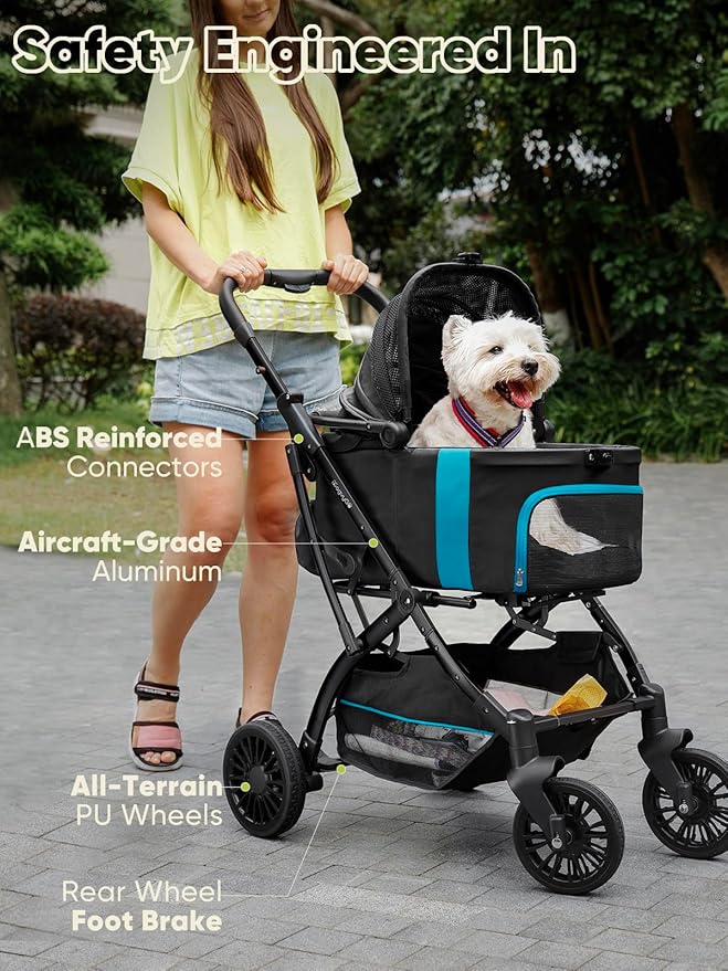 Dog Stroller, Cat Strollers, 5-in-1 Pet Stroller with Detachable Waterproof Carrier for Small/Medium Dogs Cats up to 55lbs, All-in-One Fold Without Detaching Carrier for Dogs Cats 10 lbs to 55 lbs-PawvioPets