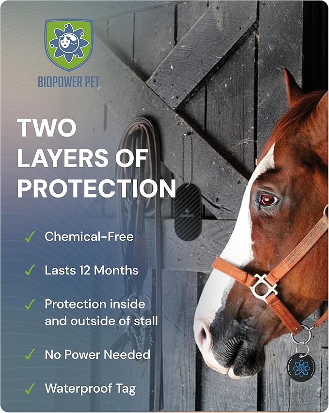 BioPower Natural Fly & Tick Repellent for Horses - Horse Shield and Stall Tags with 1-Year Bioresonance Protection – Chemical-Free, Waterproof Carbon Tag Clips to Halter – Holistic & Safe Pest Defense-PawvioPets