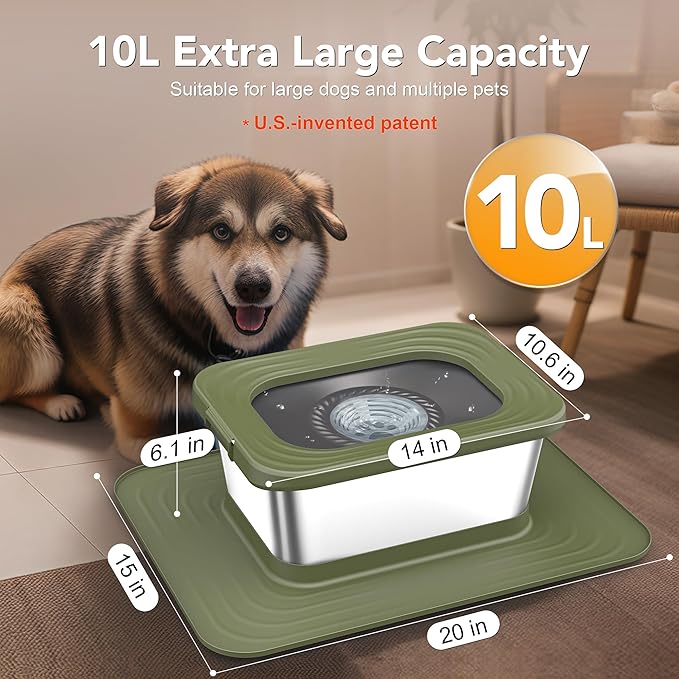 Decflow 10L Stainless Steel Dog Water Bowl, No Spill Anti-Splash Dog Bowls with XXL Silicone Mat, Spill-Proof Slow Feeder for Messy Drinkers, Heavy Duty Pet Bowls for Indoor/Outdoor Use-PawvioPets
