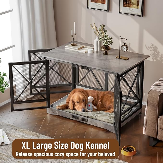 COZPAW Large Dog Crate Furniture - 48 inch Heavy Duty Dog Kennel Indoor for XLarge Breed with Double Doors, Wooden Dog Cage XL Modern Decorative End Table Pet House (Gray)-PawvioPets