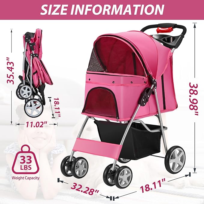 4 Wheels Pet Stroller for Small Medium Dogs Cats 10-33 lbs, Foldable Dog and Cat Stroller with Cup Holder & Storage Basket & Breathable Mesh, Pet Strolling Cart for All-Season, Pink-PawvioPets