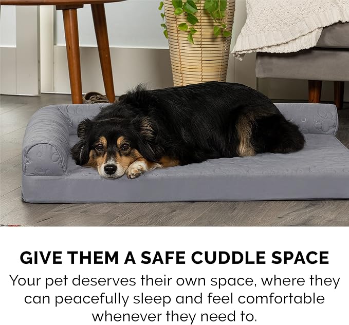 Furhaven Cooling Gel Dog Bed for Large Dogs w/ Removable Bolsters & Washable Cover, For Dogs Up to 95 lbs - Pinsonic Quilted Paw L Shaped Chaise - Titanium, Jumbo/XL-PawvioPets