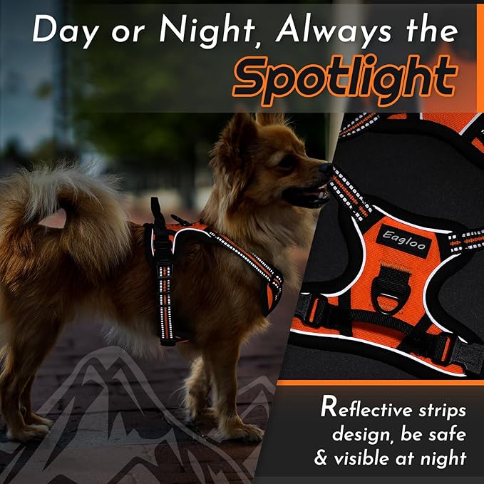 Eagloo Small Dog Harness No Pull, Service Vest with Reflective Strips and Control Handle, Adjustable and Comfortable for Easy Walking, No Choke Pet Harness with 2 Metal Rings, Orange, XS-PawvioPets