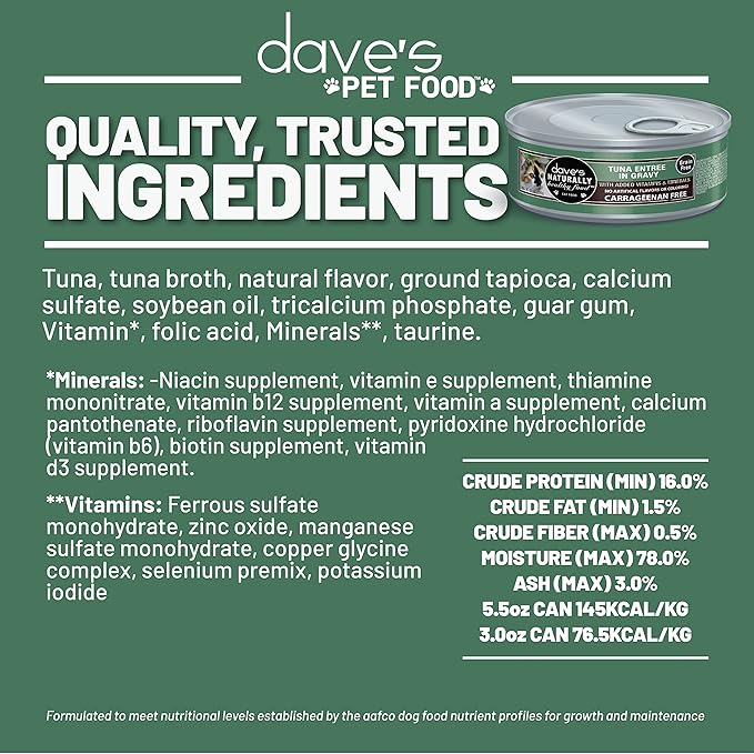 Dave's Pet Food Grain Free Wet Cat Food (Tuna Entrée in Gravy), Naturally Healthy Canned, Added Vitamins & Minerals, Wheat & Gluten-Free, 3 oz (24 Pack)-PawvioPets
