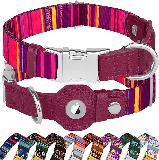 AirTag Dog Collar for Small Medium Large Breed - Adjustable Cute Pattern Dog Collar with Airtag Holder - Soft Leather Tracker GPS Apple Air Tag Pet Collars (Large, 17"-21" Neck Fit, Striped)-PawvioPets