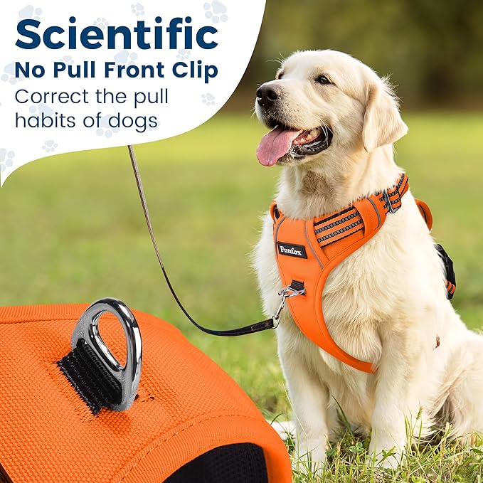 Funfox Dog Harness No Pull, Adjustable Pet Vest Harness, Super Soft Material with Vertical Handle Easy Control, Reflective Night Walking, 2 Leash Clips for Small Sized Dogs, Orange, S-PawvioPets