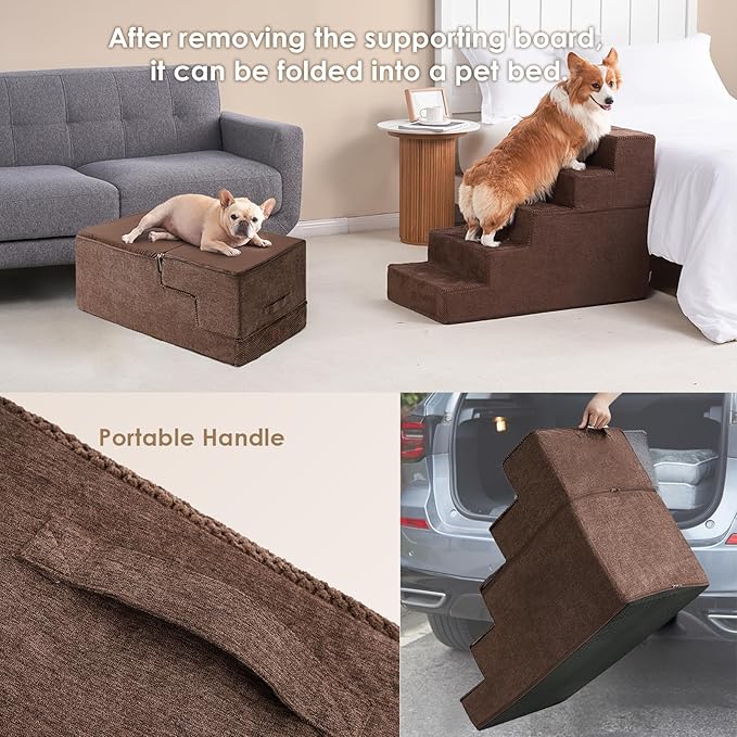 EHEYCIGA Dog Stairs for High Bed 25" H, 5-Step Extra Wide Dog Steps for Bed, Pet Steps for Small Dogs and Cats, Non-Slip Balanced Pet Ramp Indoor, Brown-PawvioPets