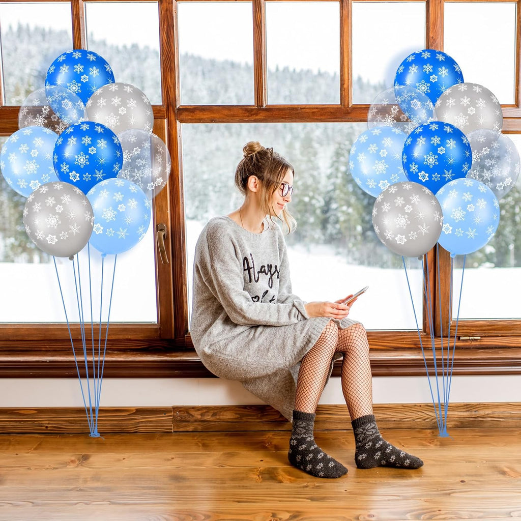Skylety 40 Pieces Snowflake Balloons Bulk Winter Transparent Snowflake Latex Balloons for Christmas Birthday Wedding Party Decorations(Blue, Macaron Blue, Silver, Clear)
