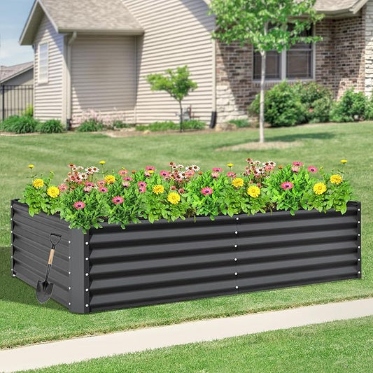 Domi Raised Garden Beds Outdoor, 8x4x1.5Ft Thickening Tall Metal Rectangular Deep Root Box Planter for Vegetables, Flowers, Herbs, and Succulents 1.5" Deep w/ 342 Gallon Capacity - Dark Gray-PawvioPets