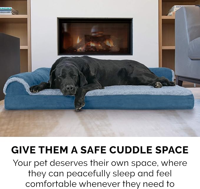 Furhaven Cooling Gel Dog Bed for Large Dogs w/ Removable Bolsters & Washable Cover, For Dogs Up to 125 lbs - Two-Tone Plush Faux Fur & Suede L Shaped Chaise - Marine Blue, Jumbo Plus/XXL-PawvioPets