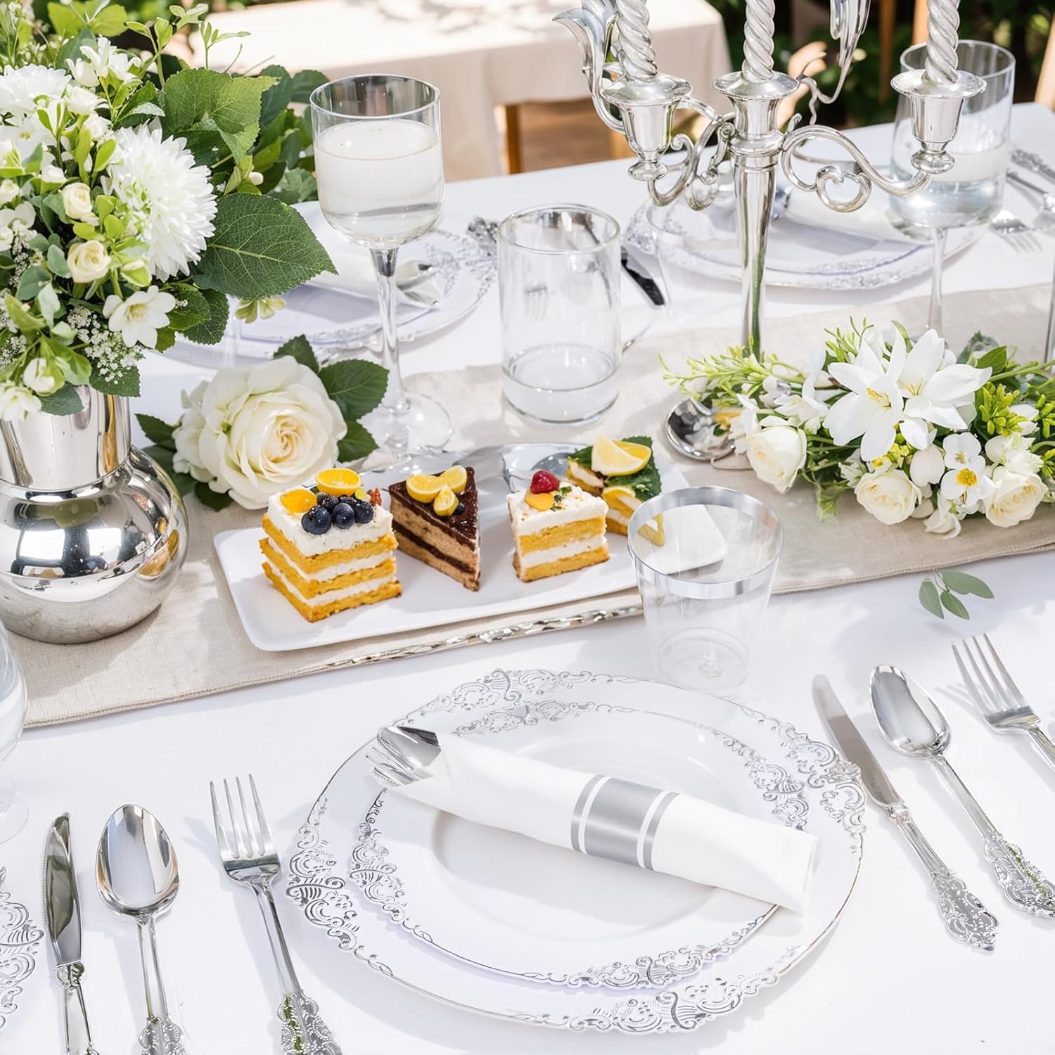 Liacere 350PCS Silver Plastic Plates&Pre Rolled Napkins for 50 Guests - Plastic Dinnerware Sets 100Silver Disposable Plates, 150Silver Silverware, 50Cups and 50Napkins for Wedding