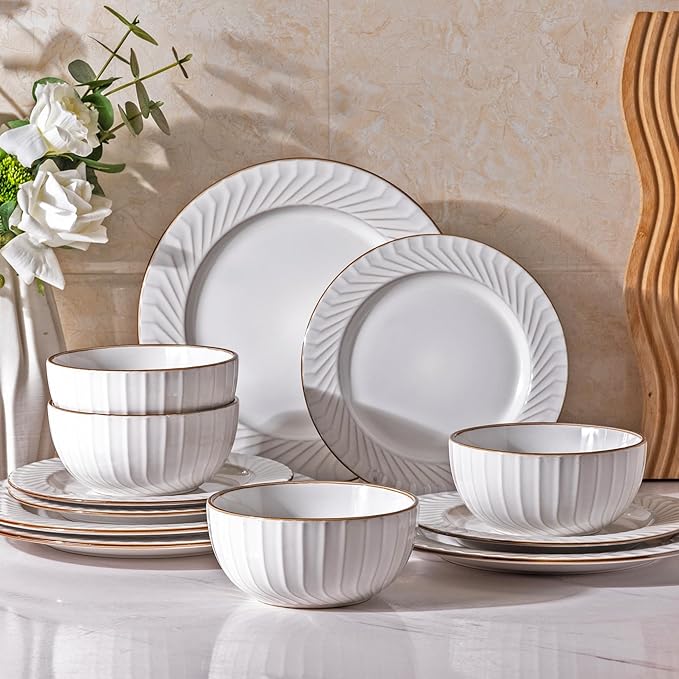 GBHOME Ceramic Dinnerware Sets,12 pcs Embossed Elegant Stoneware Plates and Bowls Sets, Housewarming Wedding Gift | Dishwasher & Microwave Safe | Dishes Set Service for 4-PawvioPets