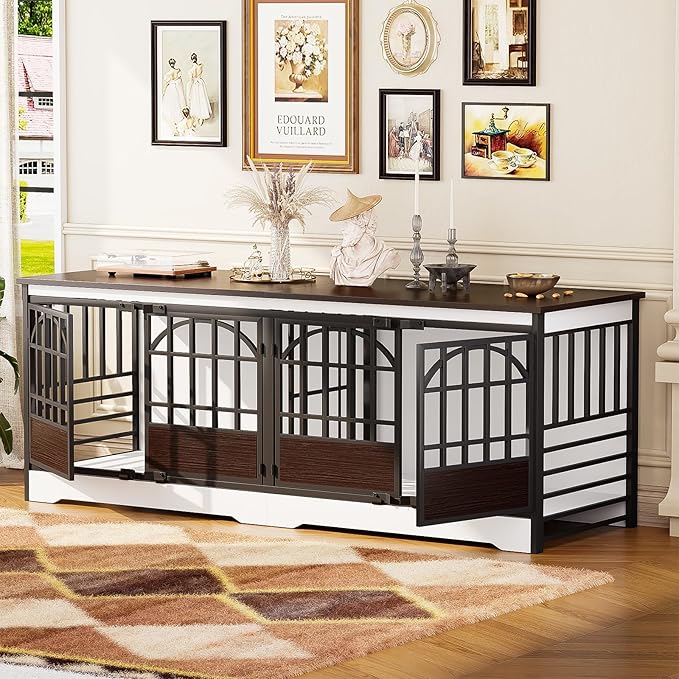 COZPAW 86 Inch Double Dog Crate Furniture for 2 Large Dogs, Decorative Dog Kennel Indoor TV Stand, Heavy Duty Wooden Dog Cage for Large Medium Dogs Sized Dog Pet House with Divider (White)-PawvioPets