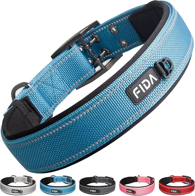 Fida Heavy Duty Dog Collar 1.5” Width, Ultra Soft Neoprene Padded, Adjustable Reflective Nylon Pet Collar with Two Metal Pin Belt Buckle for Extra-Large Breeds (XL, Blue)-PawvioPets