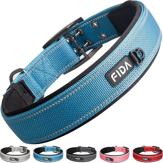 Fida Heavy Duty Dog Collar 1.5” Width, Ultra Soft Neoprene Padded, Adjustable Reflective Nylon Pet Collar with Two Metal Pin Belt Buckle for Extra-Large Breeds (XL, Blue)-PawvioPets