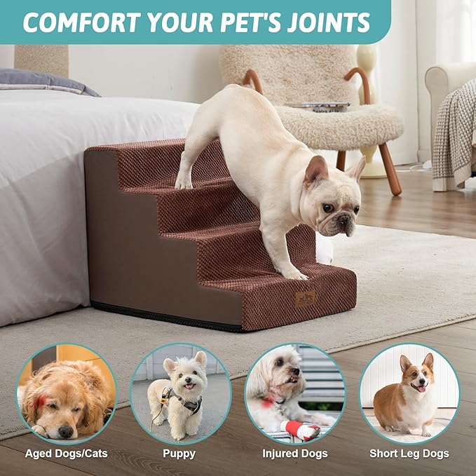 Dog Stairs for Small Dogs, 4 Tier Wider Pet Stairs for Couch and Beds, 17.7" H Non-Slip Dog Steps for Old Cats, Puppy, Small Medium Dogs, 17.7x23.6x17.7 inch, Brown-PawvioPets