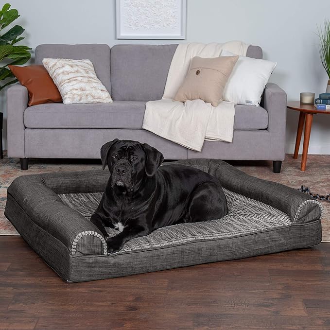 Furhaven Cooling Gel Dog Bed for Large Dogs w/ Removable Bolsters & Washable Cover, For Dogs Up to 125 lbs - Luxe Faux Fur & Performance Linen Sofa - Charcoal, Jumbo Plus/XXL-PawvioPets