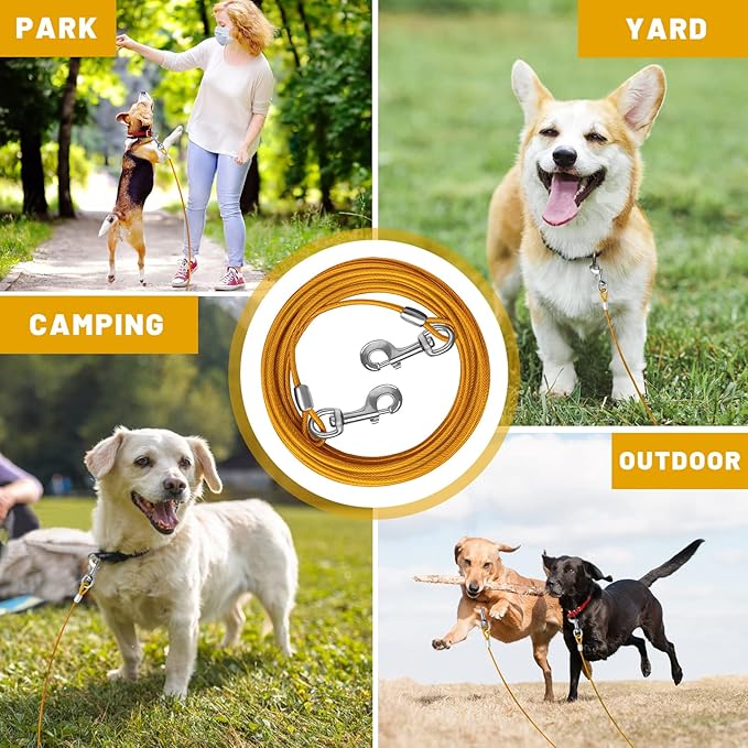 Dog Tie Out Cable 10/15/20/25/30 FT Runner for Yard Steel Wire Cable with Durable Superior Clips Yellow Chains for Outside Dog Lead for Large Up to 165 Lbs-PawvioPets