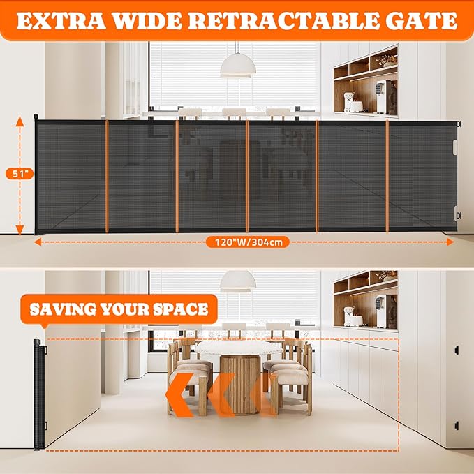 Extra Tall Retractable Baby Gates: 51" Tall Pet Gate, Extend up to 120" Wide, Mesh Baby Gate with Support Rods Jump-Proof Design for Cats & Large Dogs High Dog Cat Door Indoor Outdoor, Black-PawvioPets