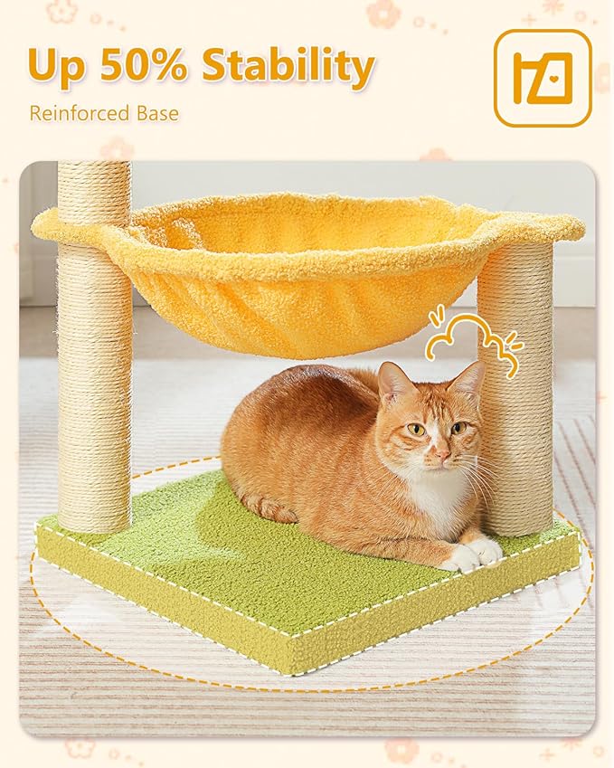 28" Flower Cat Tree Cute with Flower Top Perch, Large Hammock for Indoor Small Cats, Small Cat Tower with Cute Scratching Post and Fur Toy Ball for Kittens, Yellow-PawvioPets