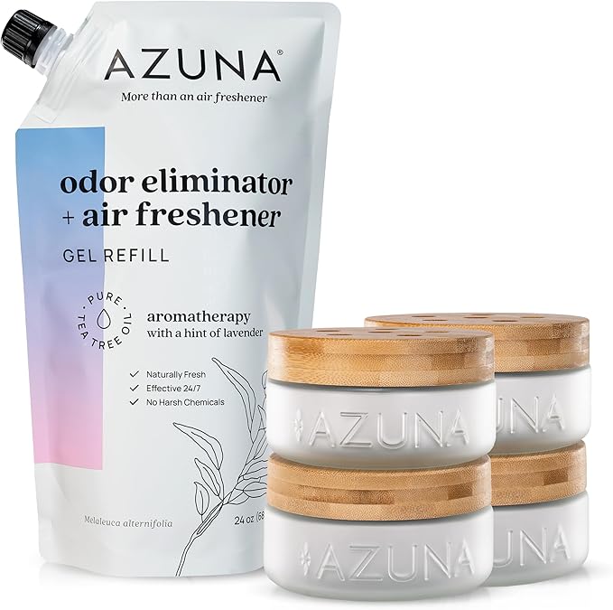 Azuna Air Freshener & Odor Eliminator for Strong Odor | 4 Room Kit Includes (4) Empty Luxe Glass Jar & 24oz Gel Refill with Tea Tree Essential Oil | Aromatherapy | Last 60-90 Days-PawvioPets