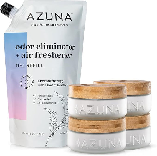 Azuna Air Freshener & Odor Eliminator for Strong Odor | 4 Room Kit Includes (4) Empty Luxe Glass Jar & 24oz Gel Refill with Tea Tree Essential Oil | Aromatherapy | Last 60-90 Days-PawvioPets