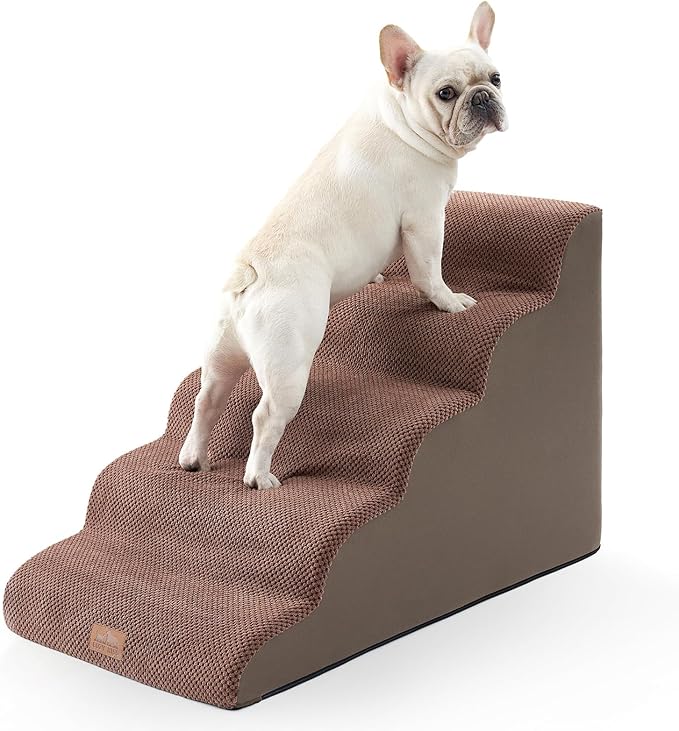 Extra Wide Dog Stairs 19.7" Width, Large Pet Step for Small Medium Dog, Puppy or Cat, Ramp for High Bed or Car, High Density Foam Ladder, Stable, 5 Step, 19.7x33x22.4 inch, Brown-PawvioPets