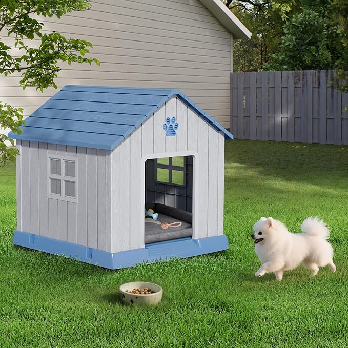 Dog House Indoor Outdoor for Small to Large Sized Dogs Resin Outdoor Dog House with Ventilation Puppy Shelter with Elevated Floor, Easy to Assemble, Blue-PawvioPets