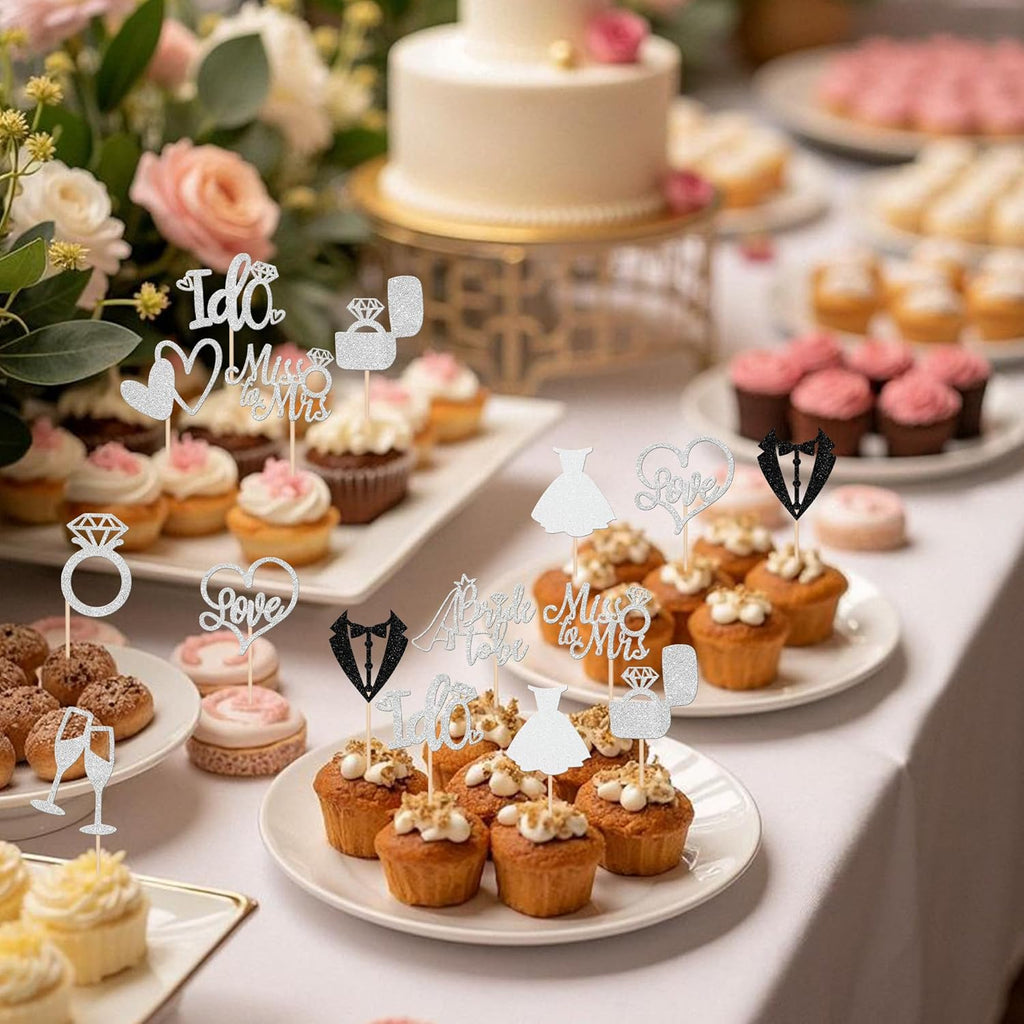 30 PCS Bride to Be Cupcake Toppers Glitter Wedding Cupcake Decorations I Do Love Heart Ring Miss to Mrs Cupcake Picks for Wedding Engagement Bridal Shower Party Cake Decorations Supplies Silver