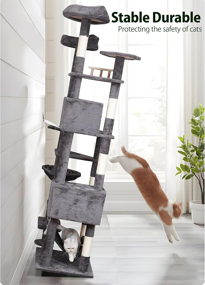 85in Giant Cat Tree for Heavy Duty Big Cats, Large Cat Trees with Scratching Post, Cat Tree Tower with Cat Condos, Hammock & Plush Perch for Maine Coon, Smoky Gray-PawvioPets