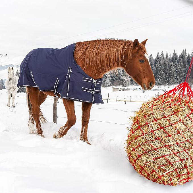 Fabbay 4 Pcs Slow Feed Hay Net Feeder Hay Bag for Horses Slow Feeder 40 Inch Length with 2 Inch Holes Hanging Horse Feed Net for Goat Cattle Equine Stalls Barn Supplies(Red)-PawvioPets