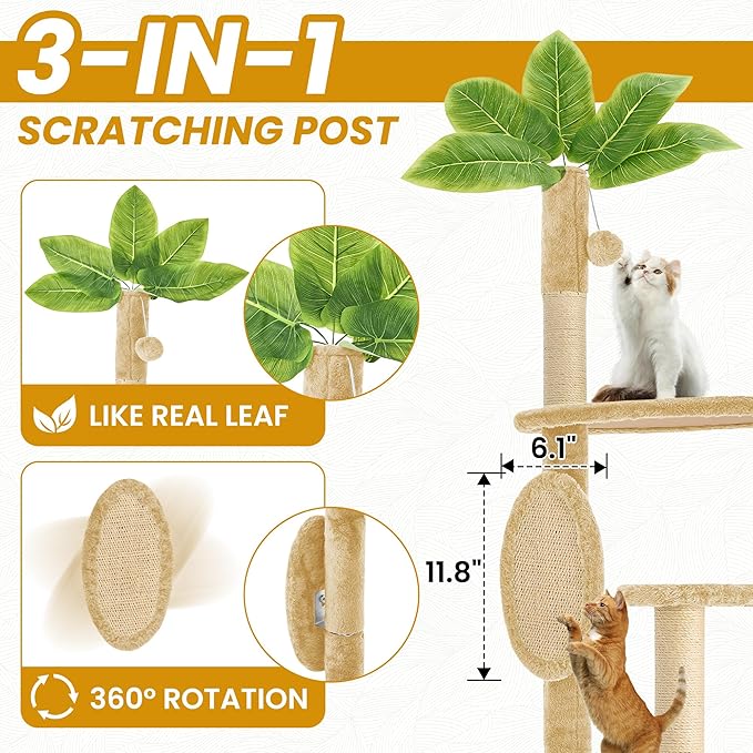 55 Inch Large Cat Tree Tower for Indoor Cats with Hammock Green Leaves Sisal Scratching Post, Plush Hang Ball Play Furniture for Kittens & Adult Cats, New Beige-PawvioPets