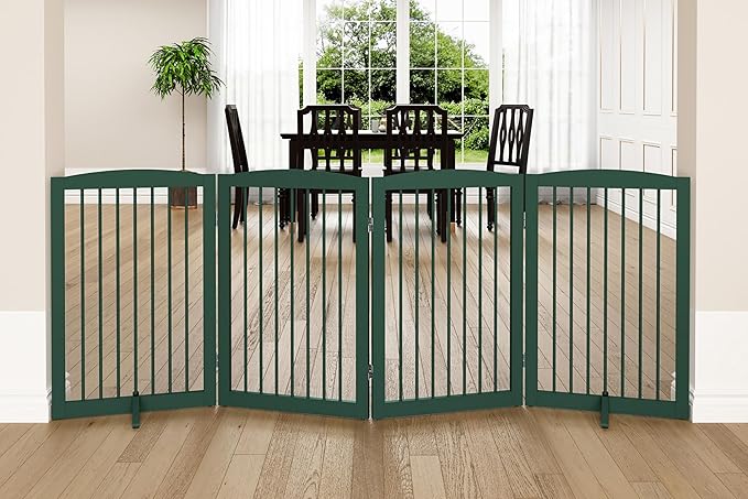 Freestanding Pet Gate for Dogs, Indoor Wooden Dog Gate for House, Foldable Dog Gate for Doorway, Stair, Step Over Pet Puppy Safety Fence Tall, 80 Inch Wide, 4 Panels 32", Green-PawvioPets