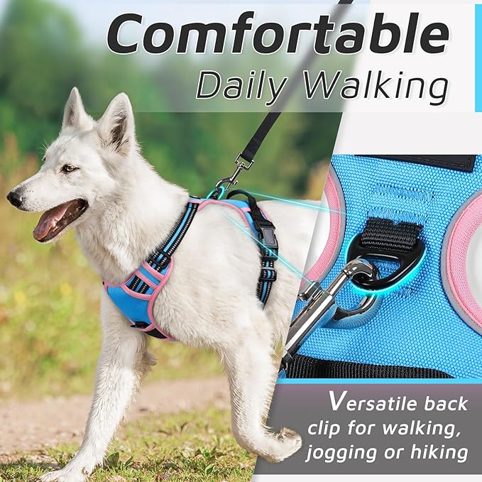 Eagloo Dog Harness for Large Dogs, No Pull Service Vest with Reflective Strips and Control Handle, Adjustable and Comfortable for Walking, No Choke Harness with 2 Metal Rings, Pink & Blue, M-PawvioPets