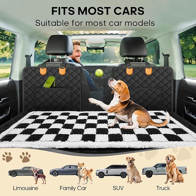 Backseat Pet Bed Mat, Non-Slip Plaid Dog Bed for Car Back Seat, Flannel Backseat Dog Bed, Fit for Backseat Extenders and Trucks SUVs (Black&White, 24.8x54 inch)-PawvioPets