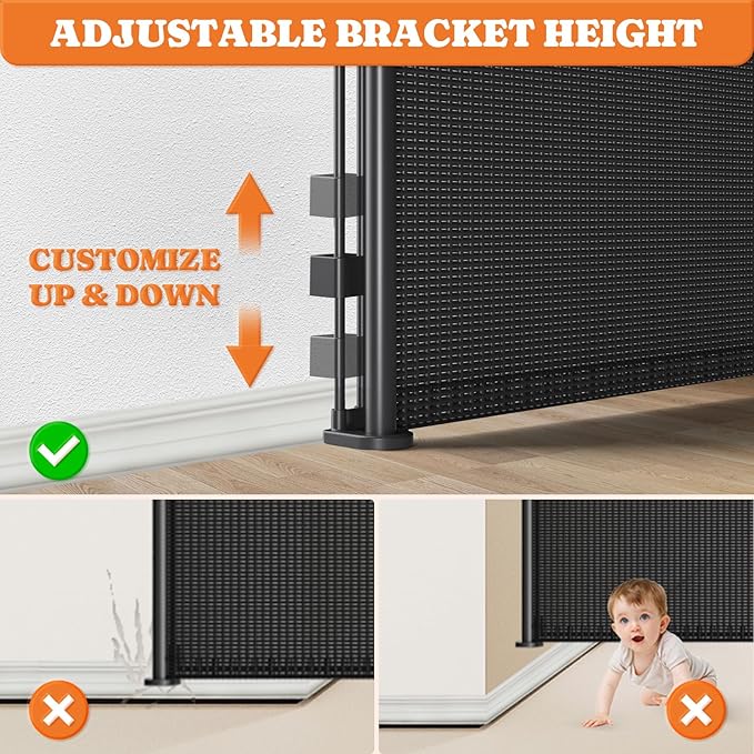 Extra Tall Retractable Baby Gates: 51" High Pet Gate, Extend up to 71" Wide, Mesh Baby Gate with Support Rods Jump-Proof Design for Cats & Large Dogs Tall Dog Cat Gate Indoor Outdoor, Black-PawvioPets
