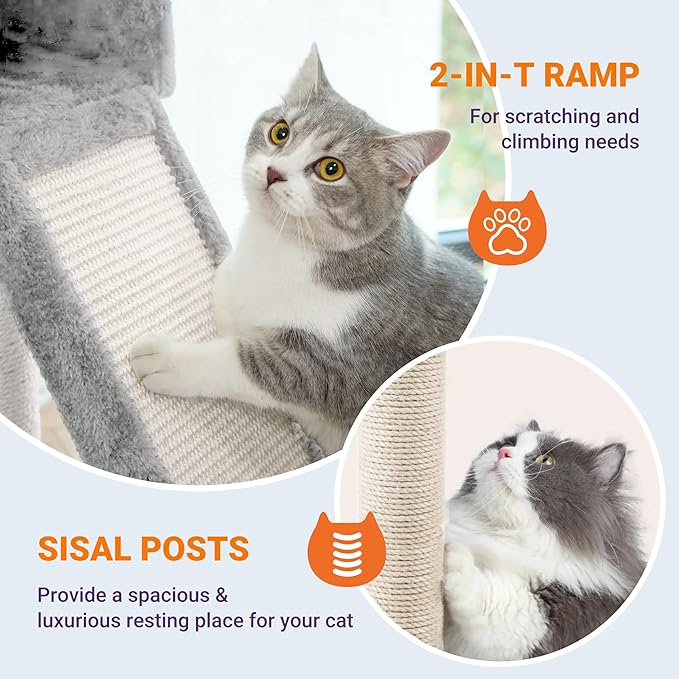 Allewie 81 Inches Tall Cat Tree/Multi-Level Large Climbing Tree House and Towers for Big Feline/Condo and Hammock/Scratching Post/Wide Base/Grey-PawvioPets