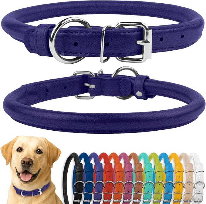 CollarDirect Rolled Leather Dog Collar, Soft Padded Round Puppy Collar, Handmade Genuine Leather Collar Dog Small Large Cat Collars 13 Colors (15-19 Inch, Purple Textured)-PawvioPets