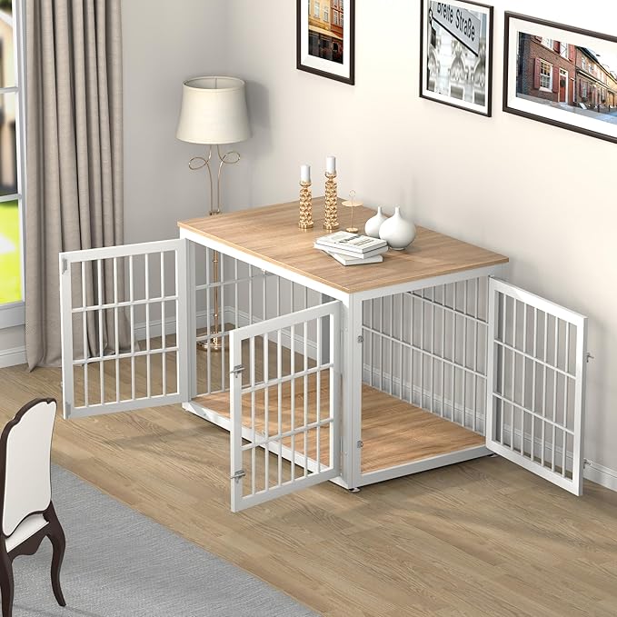 48 Inch Heavy Duty Dog Crate Furniture for Large Dogs, Decorative Pet House End Table, Extra Large Wooden Cage Kennel Furniture Indoor, Natural and White-PawvioPets