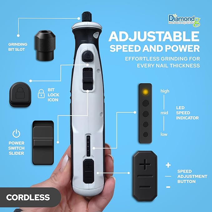 Diamondg Cordless Dog Nail Grinder with Quiet Sound & LED Tip for Large & Small Dogs, 4hrs. Runtime, 2 Bits Included, White-PawvioPets
