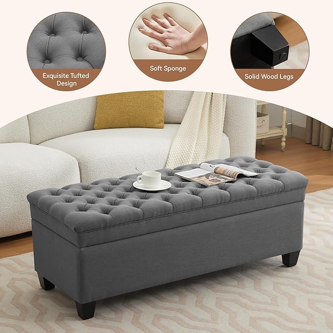51" Fabric Storage Ottoman Bench, Upholstered Rectangle End of Bed Storage Ottoman Tufted Living Room Bedroom Bench with Safety Hinge, Solid Wood Legs, Loads 500 lb(Dark Grey)-PawvioPets
