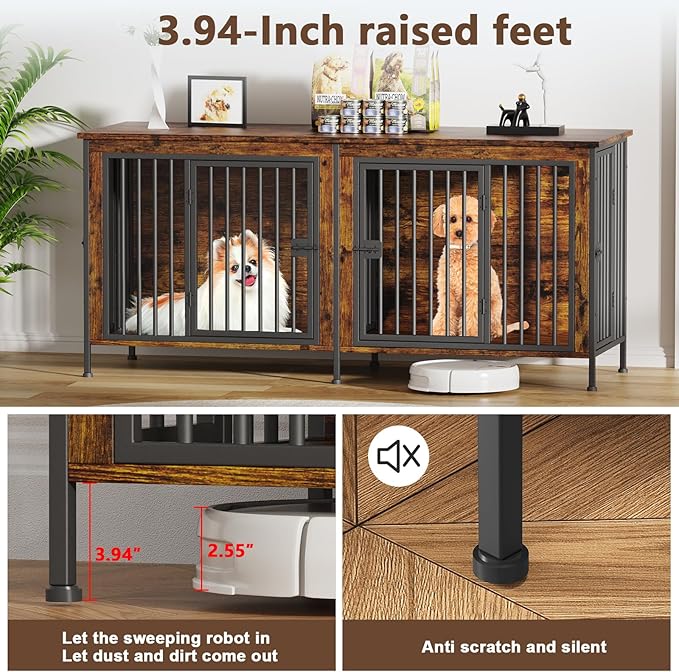 EasyCom 63" Dog Cage Furniture for 2 Pets with Divider, XL Wooden Double Dog Crate Furniture TV Stand for Mideum Breed, Durable and Sturdy-PawvioPets