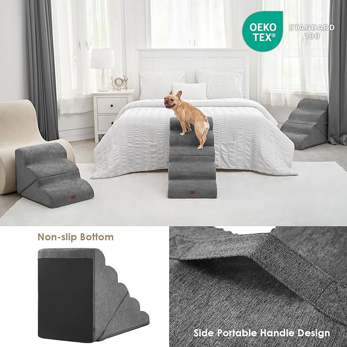 EHEYCIGA Curved Foldable Dog Stairs Ramp for High Beds 22.5" H, 5-Step Dog Steps for Small Dogs and Cats, Pet Stairs for High Bed Climbing, Non-Slip Balanced Pet Step Indoor, Grey-PawvioPets