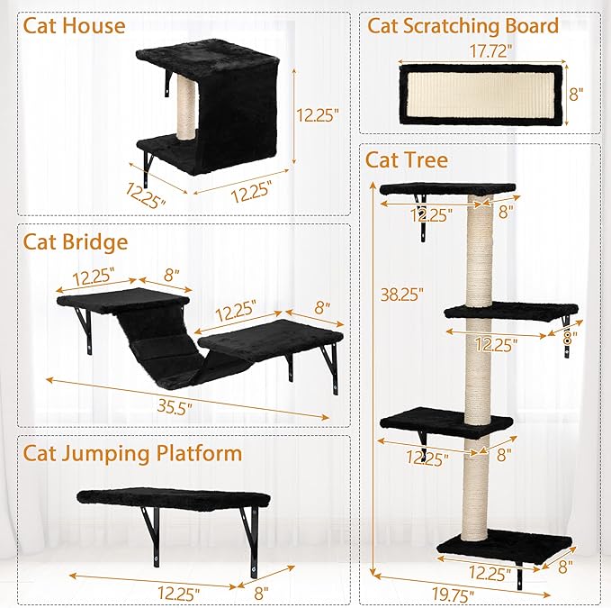 COZIWOW Wall Mounted Cat Furniture, Cat Wall Shelves and Perches, Floating Cat Shelves for Wall Set of 5 (Black)-PawvioPets