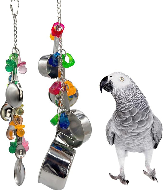 1970 Pk2 Pot and Spoon Delight Features Shiny pots and Spoons with Acrylic Rings and Pacifiers, Handcrafted for African Greys Amazons Macaws-PawvioPets
