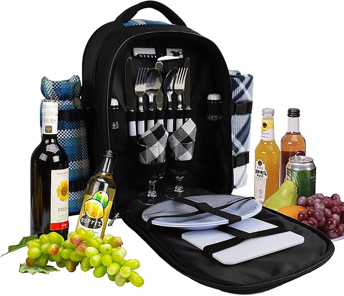 apollo walker Picnic Backpack Bag for 2 Person with Cooler Compartment, Detachable Bottle/Wine Holder, Fleece Blanket, Plates and Cutlery Set-PawvioPets